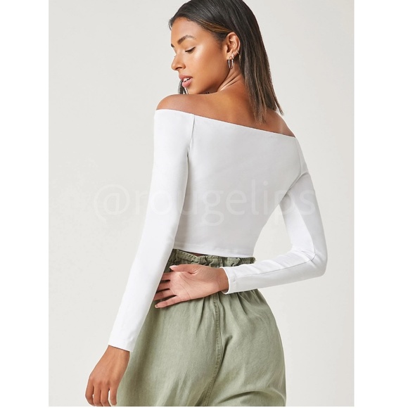 White Off The Shoulder Long Sleeve Crop Top Fitted - Picture 5 of 7